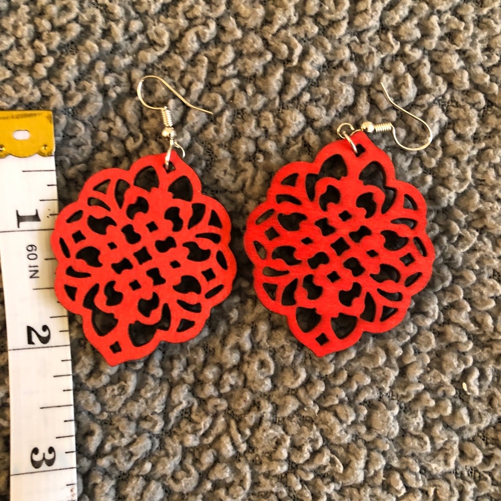 Red Lasercut Wood Drop Earrings